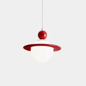 Savie modern pendant light with red saturn-style spherical shade and adjustable disc design, front close-up view