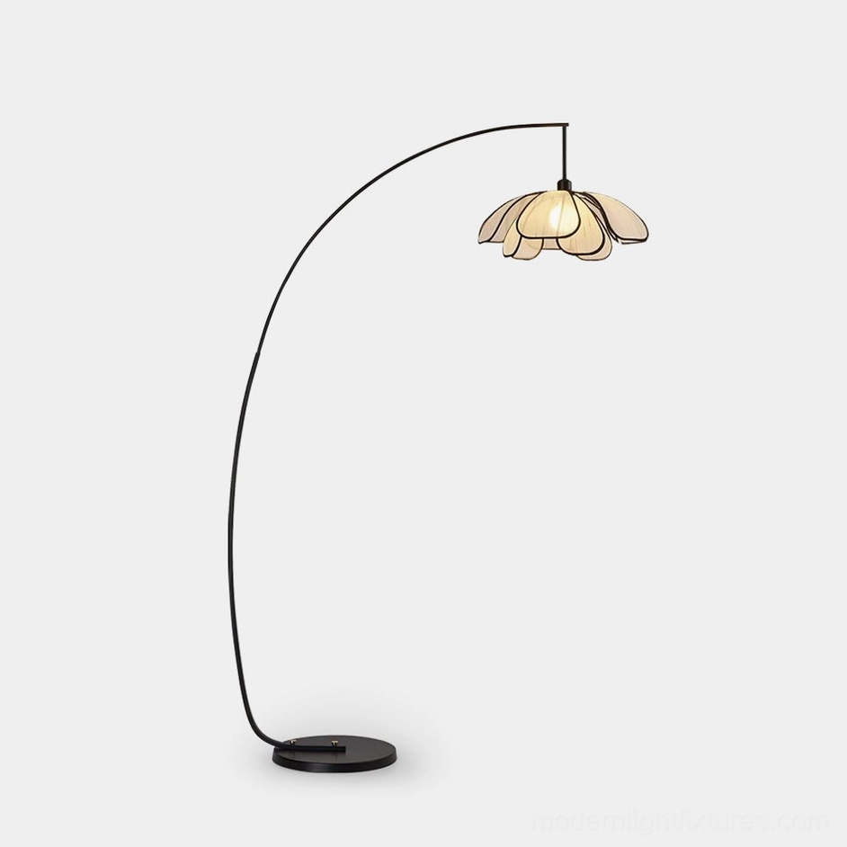 Savoy modern arc floor lamp with organic fabric shade, black metal frame, side profile view on white studio background