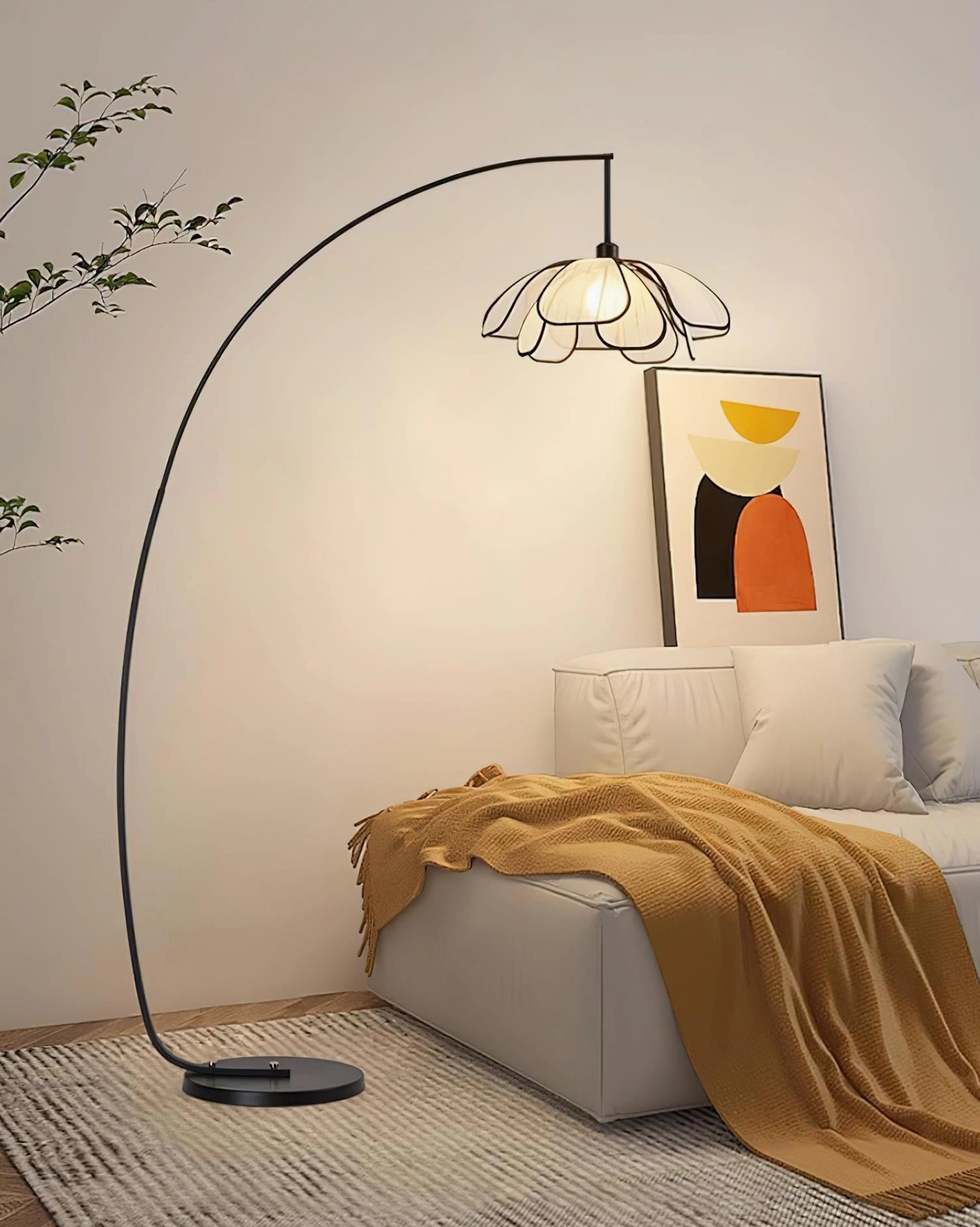Savoy floor lamp in warm minimalist home decor with daybed, creating cozy intimate lighting atmosphere