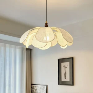 Savoy fabric pendant lamp in modern living room with warm lighting and gallery wall