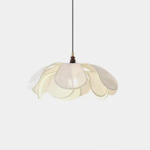 Savoy petal pendant light with etched floral shades and brass hardware, front studio view