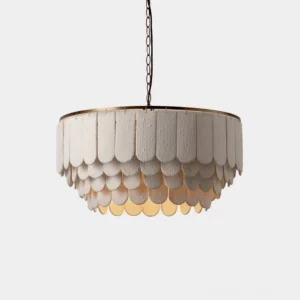 Scalisse tiered scalloped fabric chandelier with brushed brass frame, front overhead view showing four-tier layered panels on white background