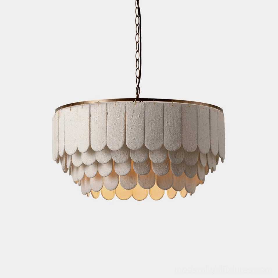 Scalisse tiered scalloped fabric chandelier with brushed brass frame, front overhead view showing four-tier layered panels on white background