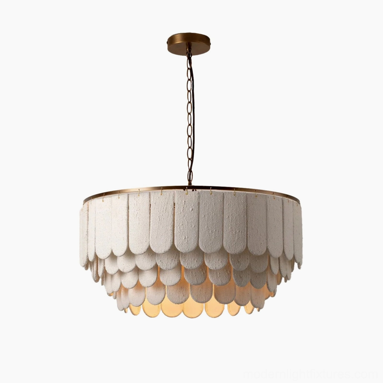 Scalisse tiered scalloped white fabric chandelier with brushed brass frame, product detail and close-up specifications