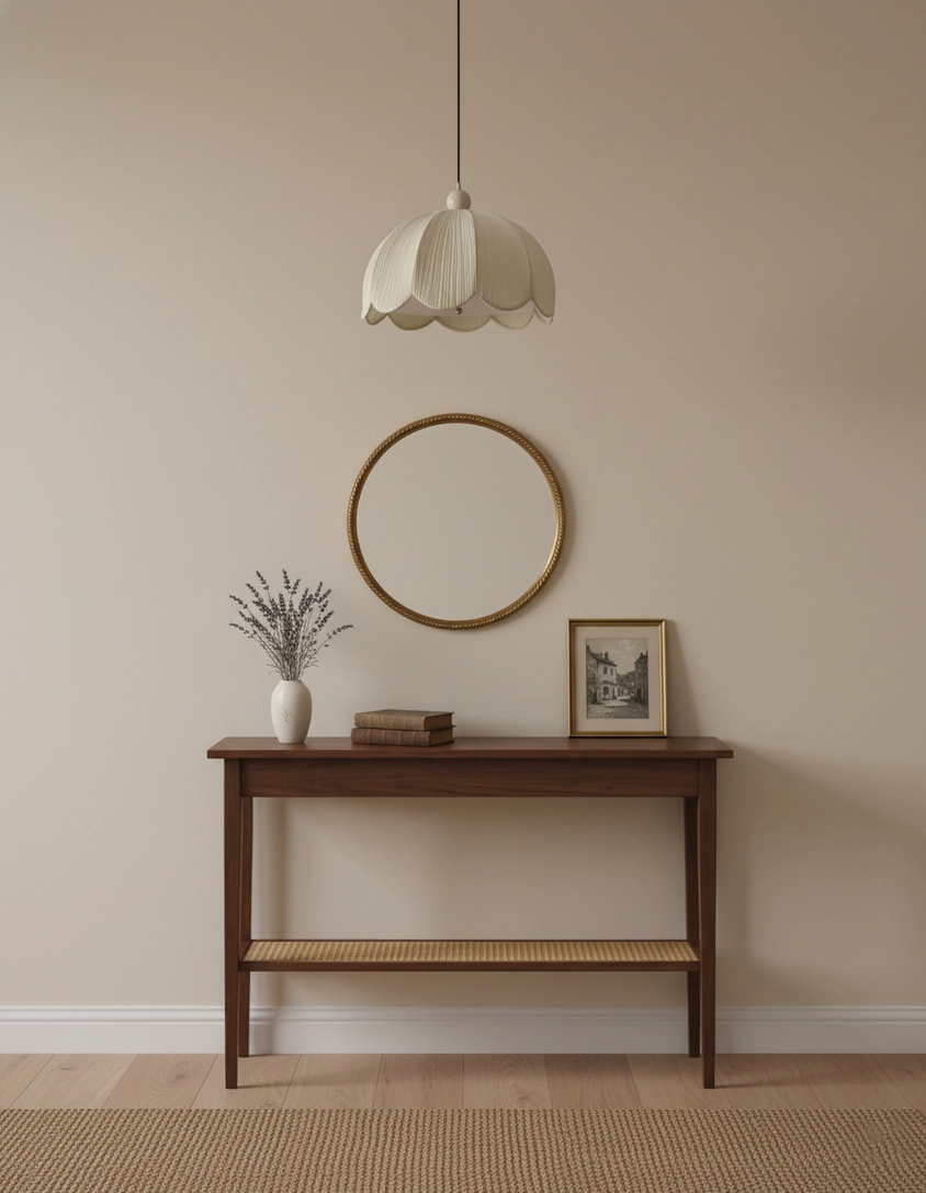Scalloped fabric pendant light with warm wood accents, metal and fabric hybrid construction, premium materials showcase