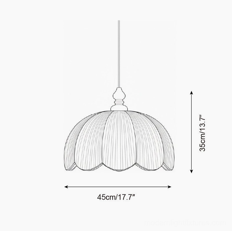 Scallop pendant lamp Model B technical drawing with decorative finial, 45cm diameter 35cm height specifications