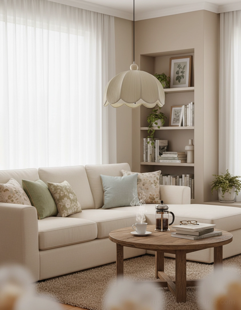 Scalloped fabric pendant lamp in minimalist nordic living room lounge with bookshelf and sofa, off-white pleated shade