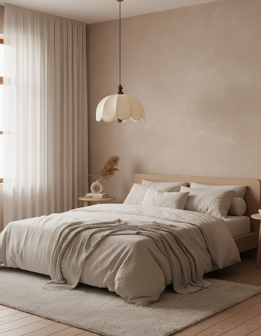 Scallop pendant lamp showing petal-shaped pleated design, sculptural fabric form, contemporary light fixture detail