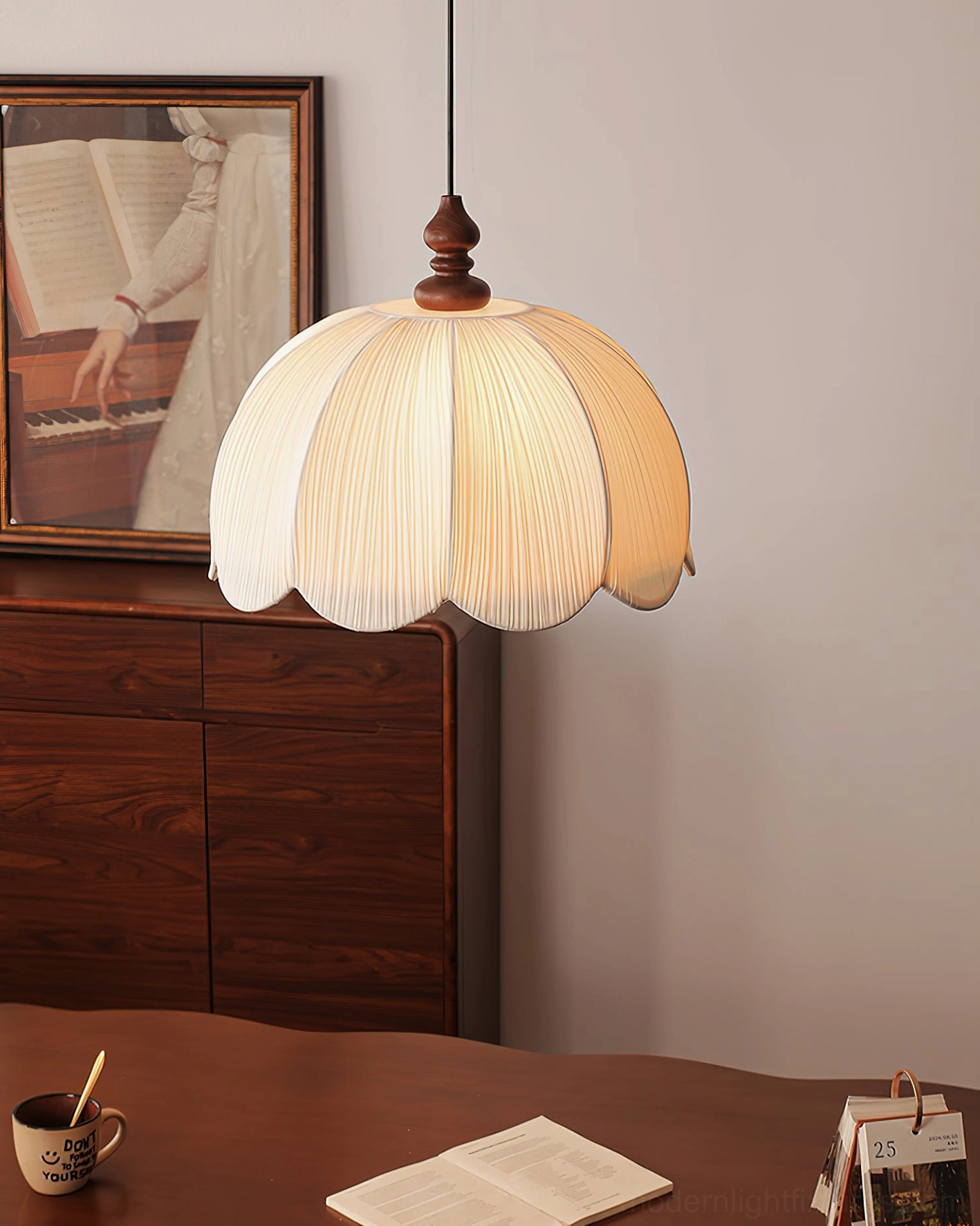 Close-up view of scalloped fabric pendant light shade with pleated texture detail, vintage french style wooden fixture