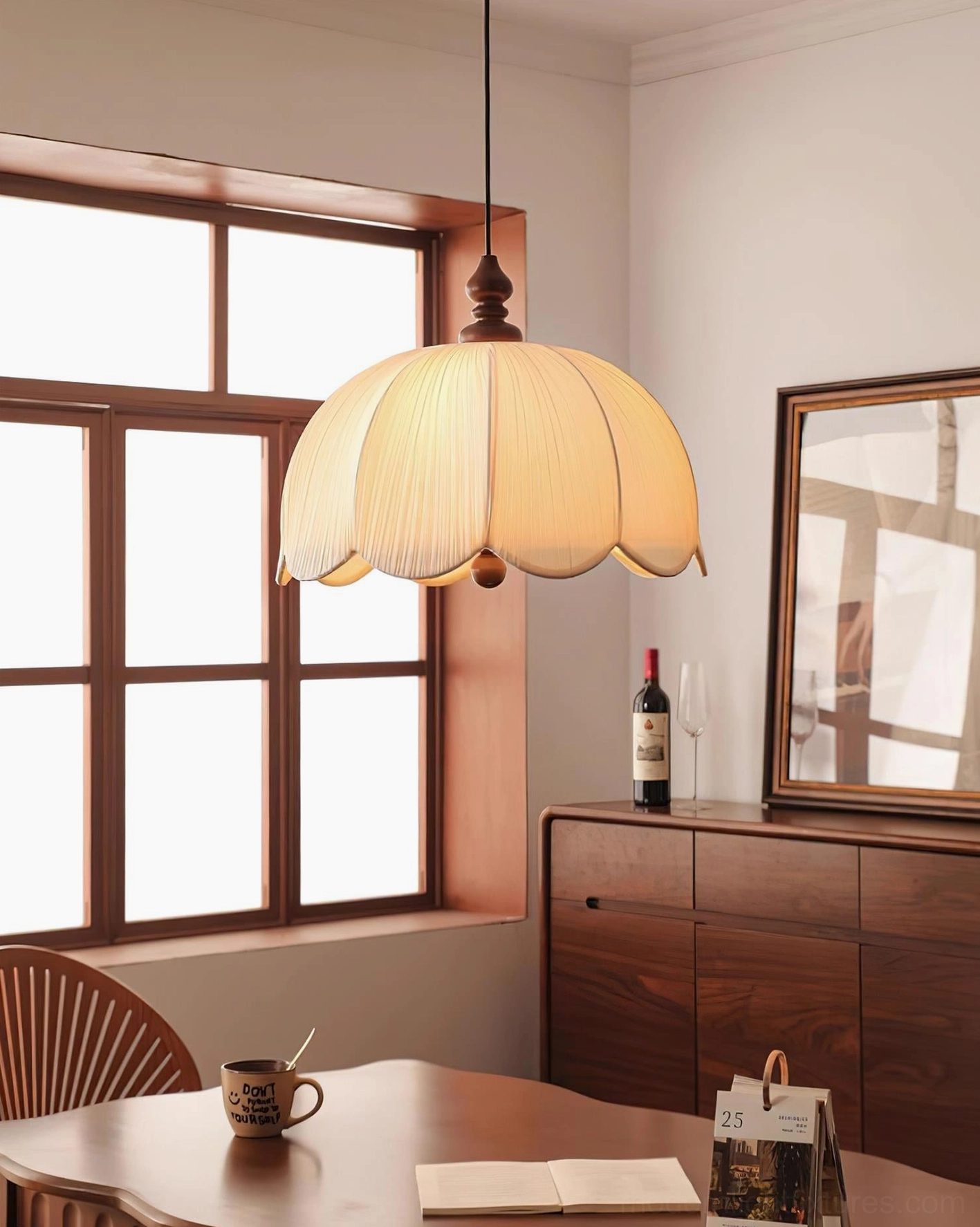 Scallop pendant light fixture showing full construction, metal hardware, wood elements, fabric shade assembly