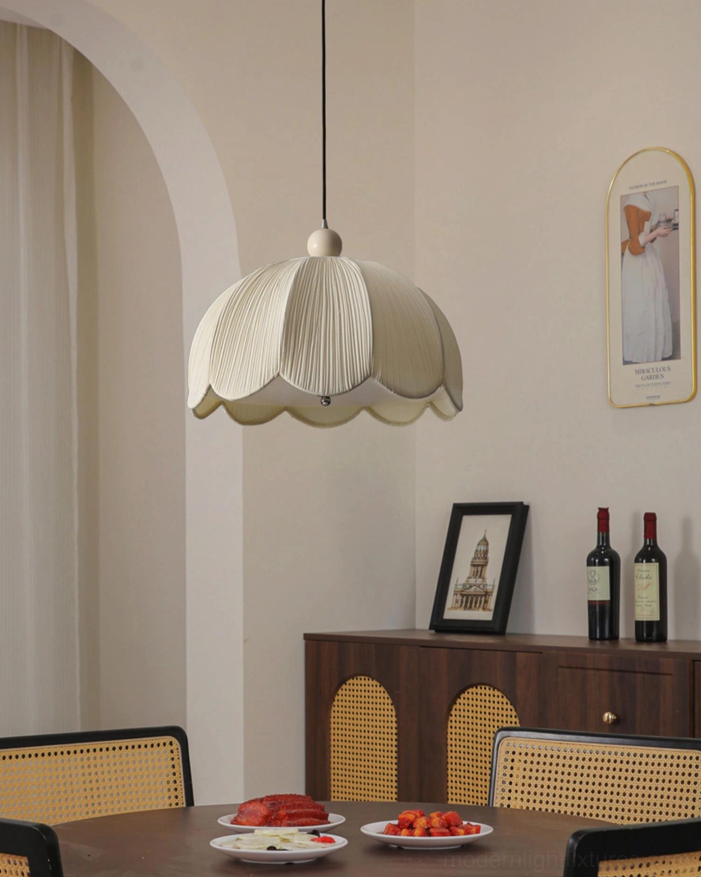 Scalloped pleated pendant lamp in elegant dining room interior with arched doorway, warm ambient lighting over dining table