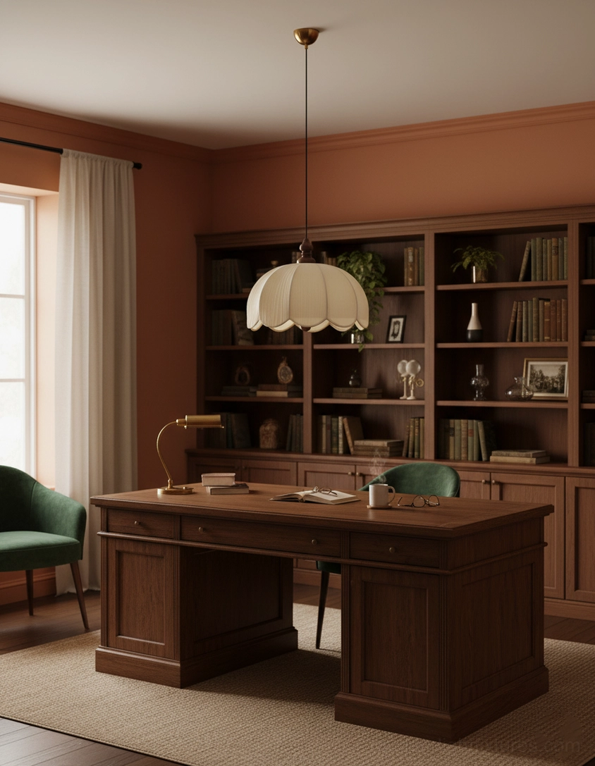 Scallop pendant light fixture from alternate angle, pleated fabric construction, ambient room lighting performance