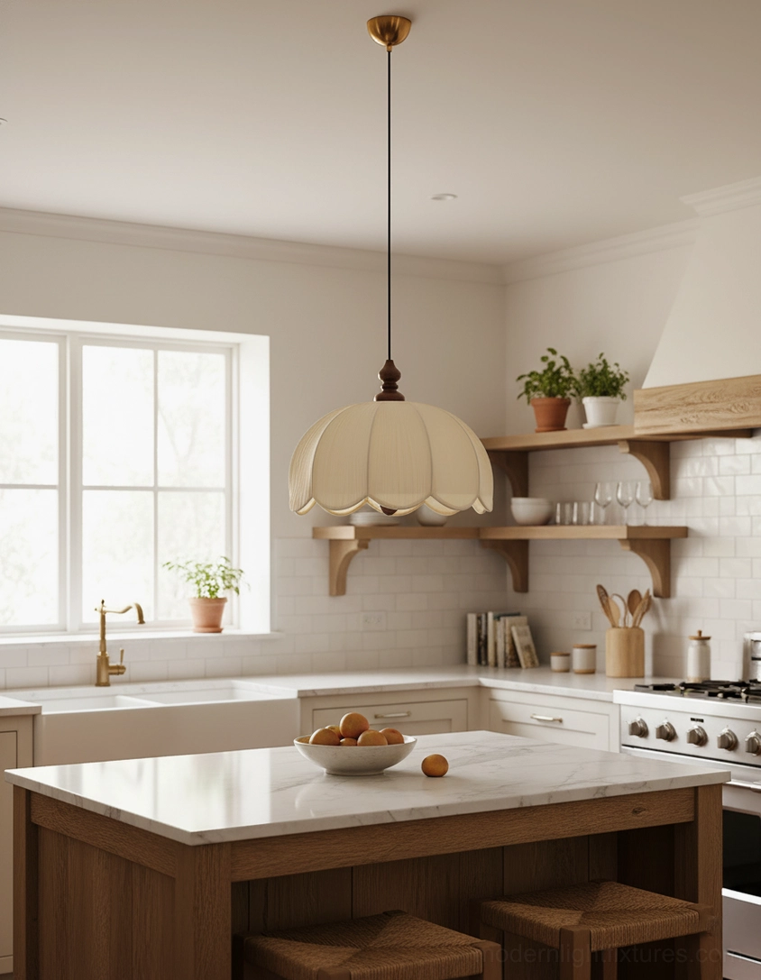 Pleated scallop pendant light above kitchen island with wooden ceiling cap, cozy farmhouse style modern neutral kitchen