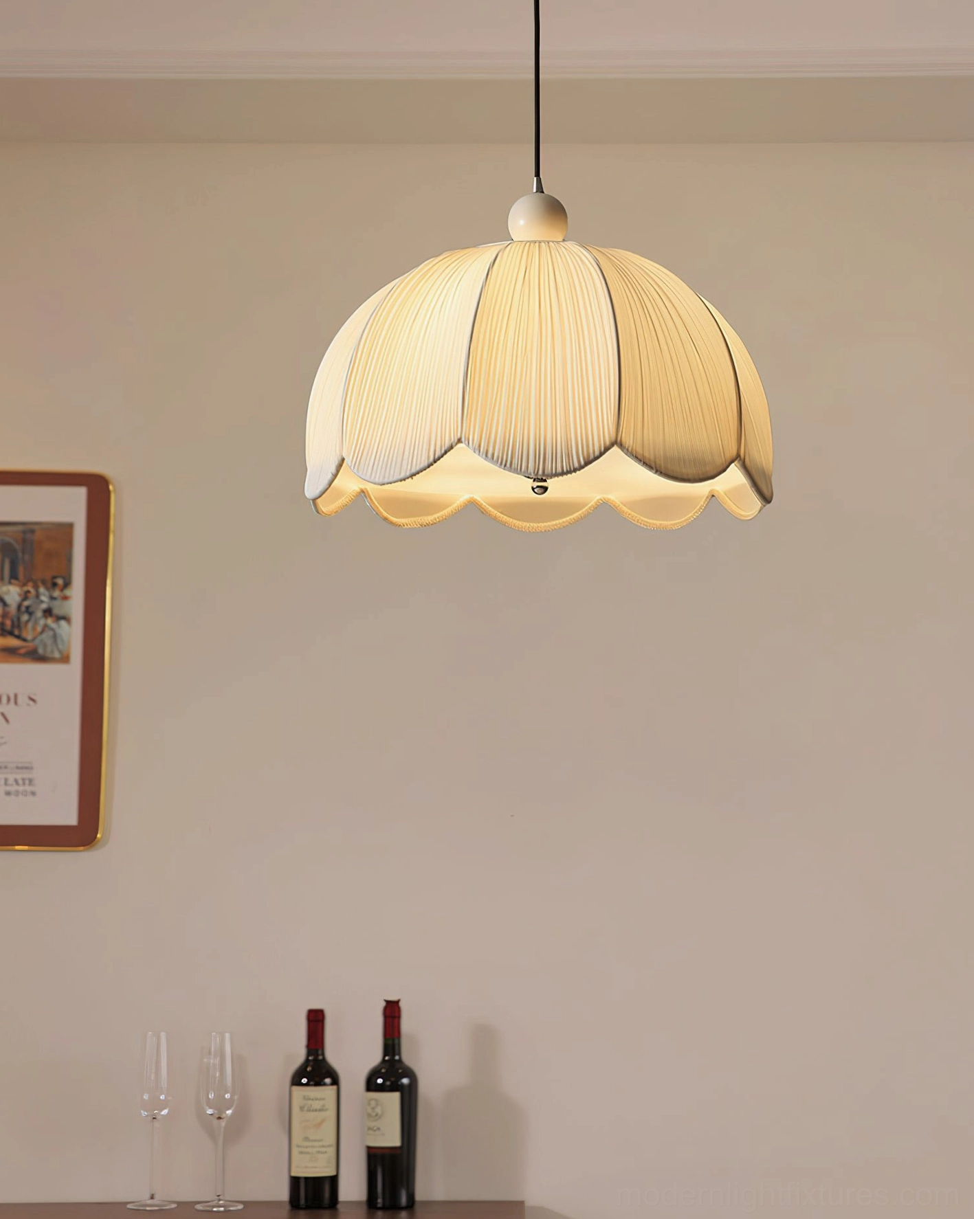 Scallop pendant light in modern dining space, fabric shade diffusion, warm welcoming illumination quality