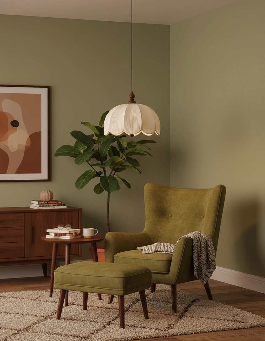 Scalloped pleated pendant light with warm illumination, interior ambiance demonstration, fabric shade glow effect