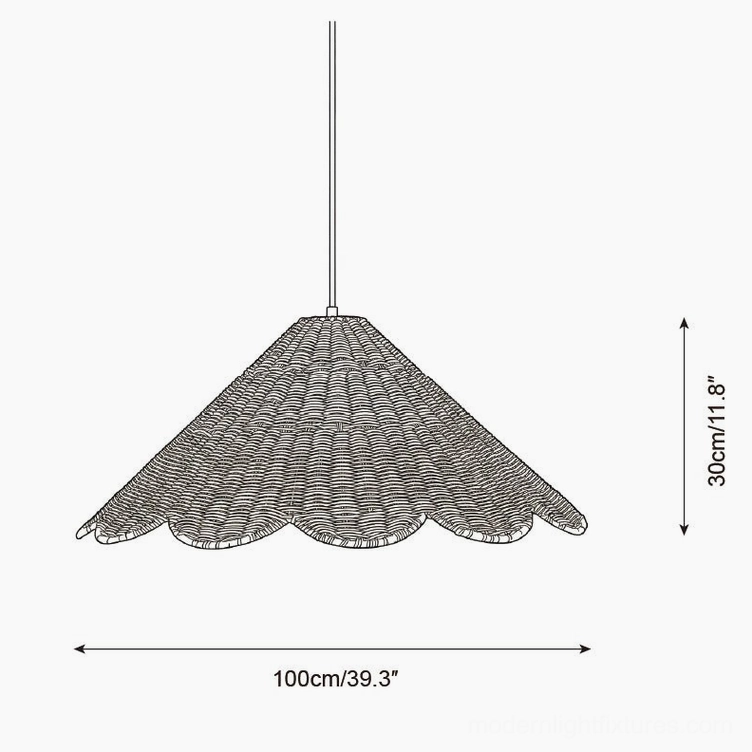 Technical specification diagram of 100cm diameter scallop rattan pendant lamp with full measurements