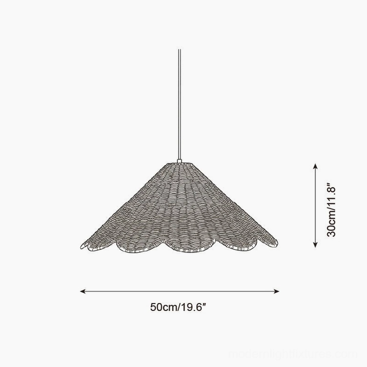 Technical specification diagram of 50cm diameter scallop rattan pendant lamp with measurements