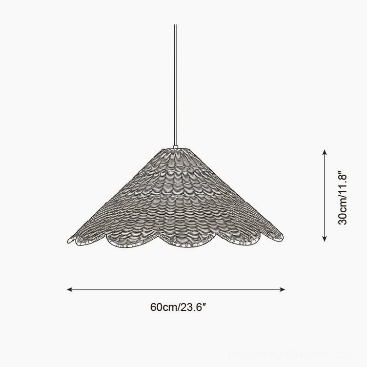 Technical specification diagram of 60cm diameter scallop rattan pendant lamp with dimensions