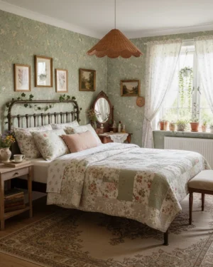 Natural rattan scallop pendant lamp hanging in vintage floral bedroom creating warm ambient lighting