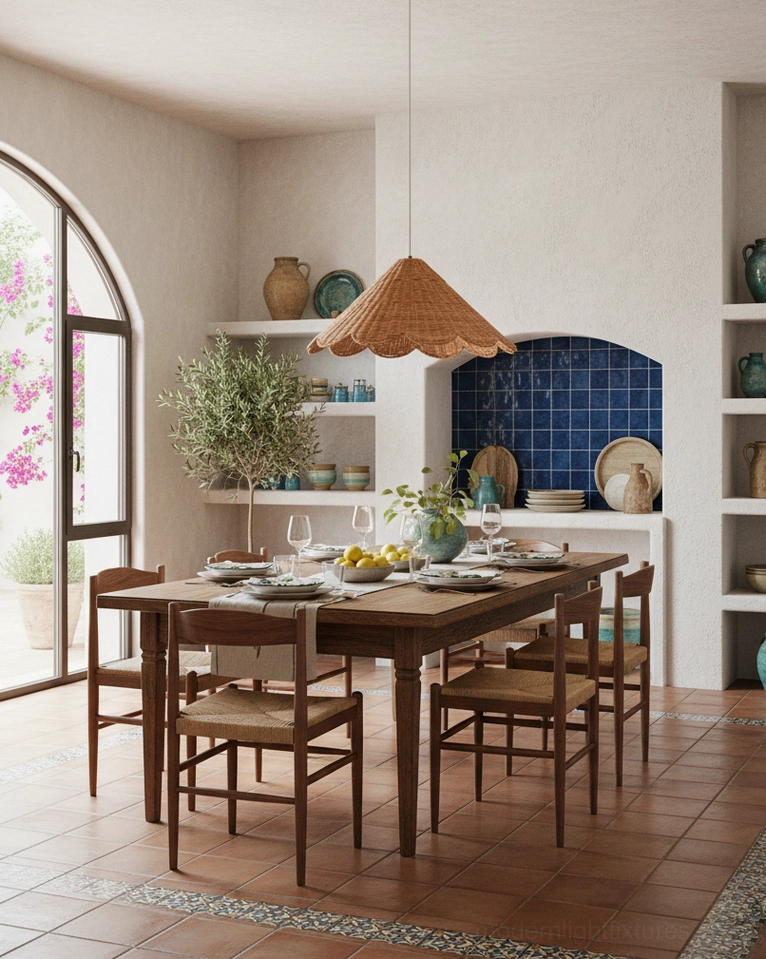 Natural rattan scallop pendant lamp installed in minimalist contemporary interior design