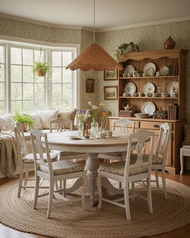 Scallop rattan pendant light suspended over round dining table in farmhouse dining room setting
