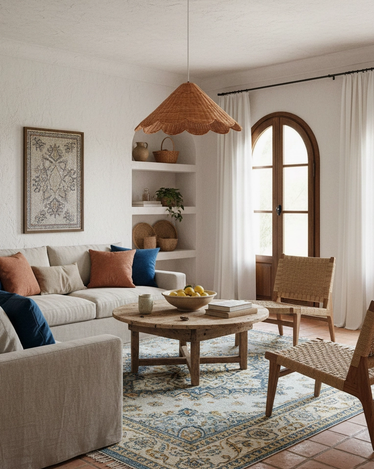 Scallop rattan pendant light illuminated above coffee table in Mediterranean-style living room