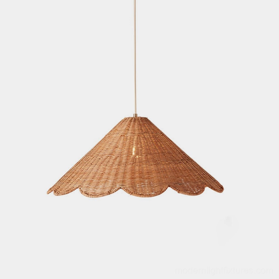 Scallop rattan pendant light with woven natural finish shown in studio lighting, front view