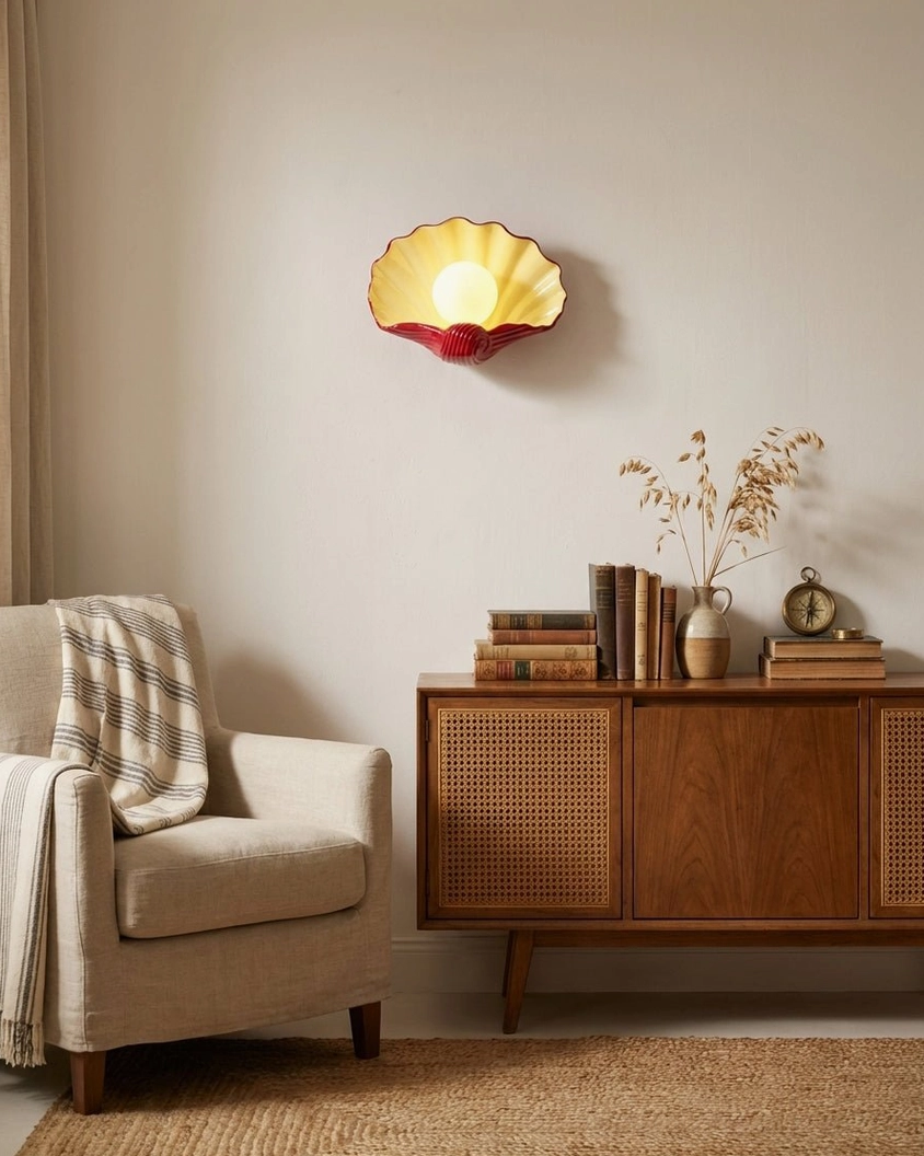 Scallop shell wall lamp angled view, sculptural ceramic form with central pearl-like bulb, artistic lighting design