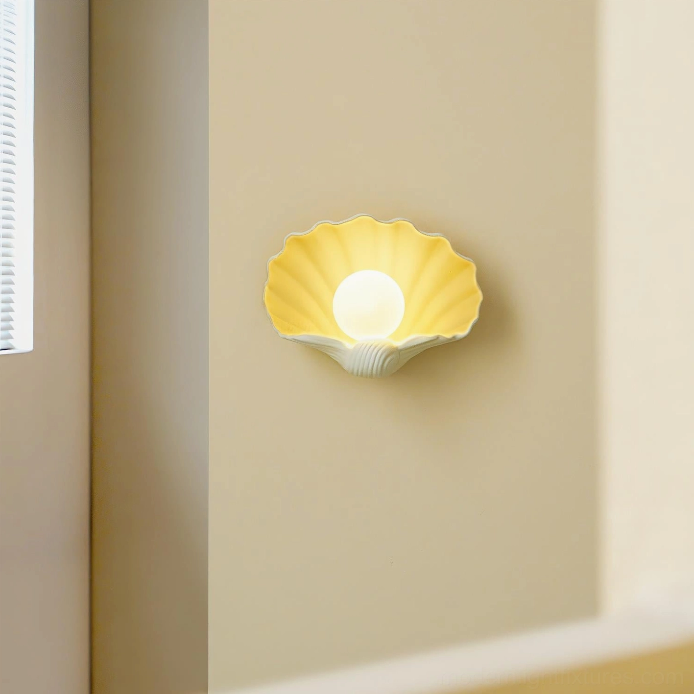 Scallop shell wall lamp in hallway gallery setting, coastal art aesthetic, warm ambient interior lighting