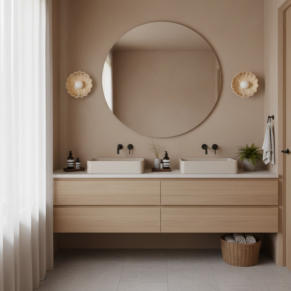 Paired scallop wall sconces in modern double-sink bathroom with wooden vanity and round mirror