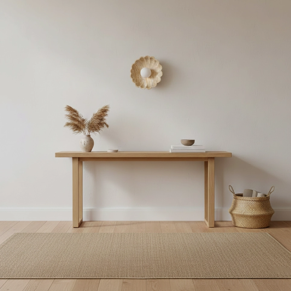 Scallop wall sconce paired in minimalist entryway with console table, woven basket, and dried plants