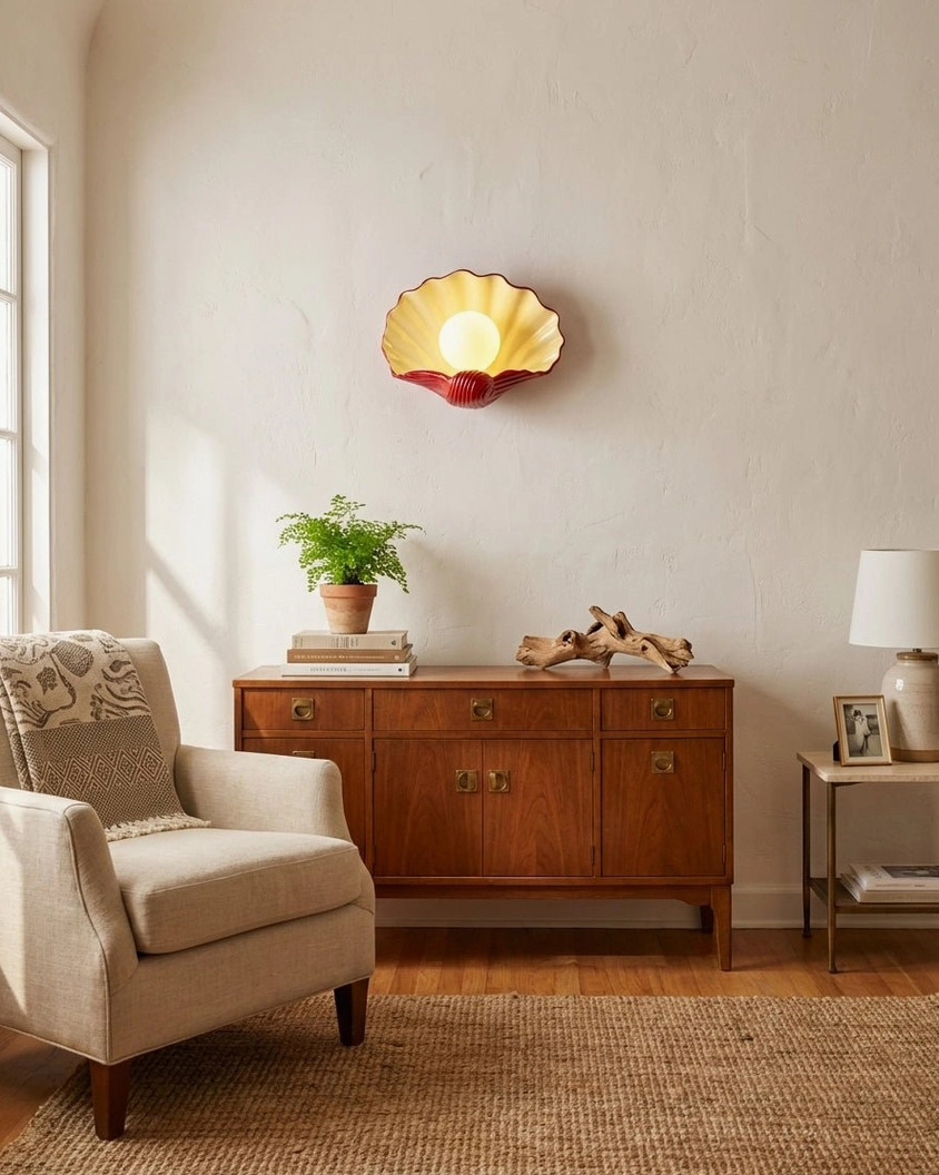 Scallop shell wall sconce in formal farmhouse living room, coastal decor with wooden furniture and potted plants, accent lighting