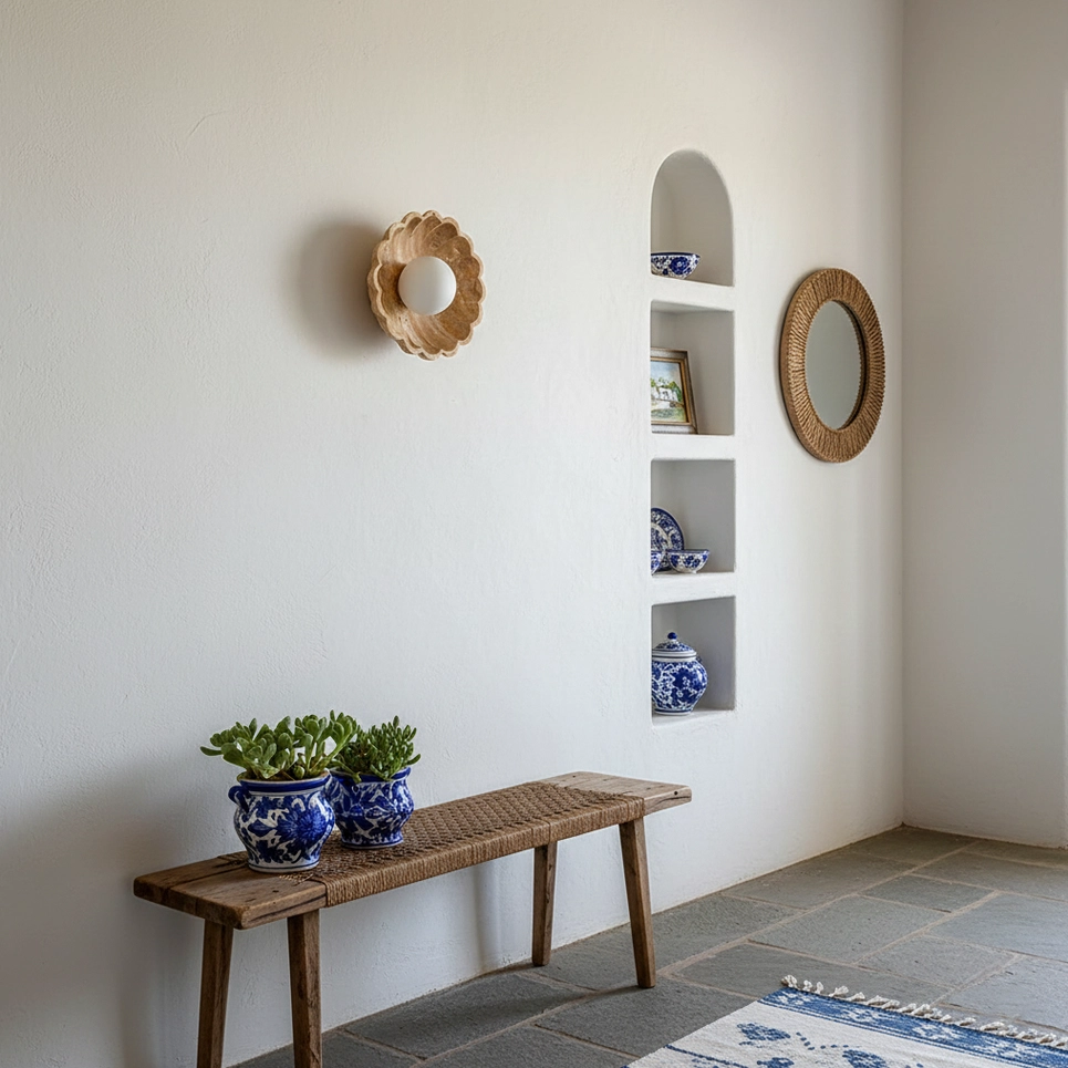 Scallop wall sconce Mediterranean coastal design style with warm travertine stone finish