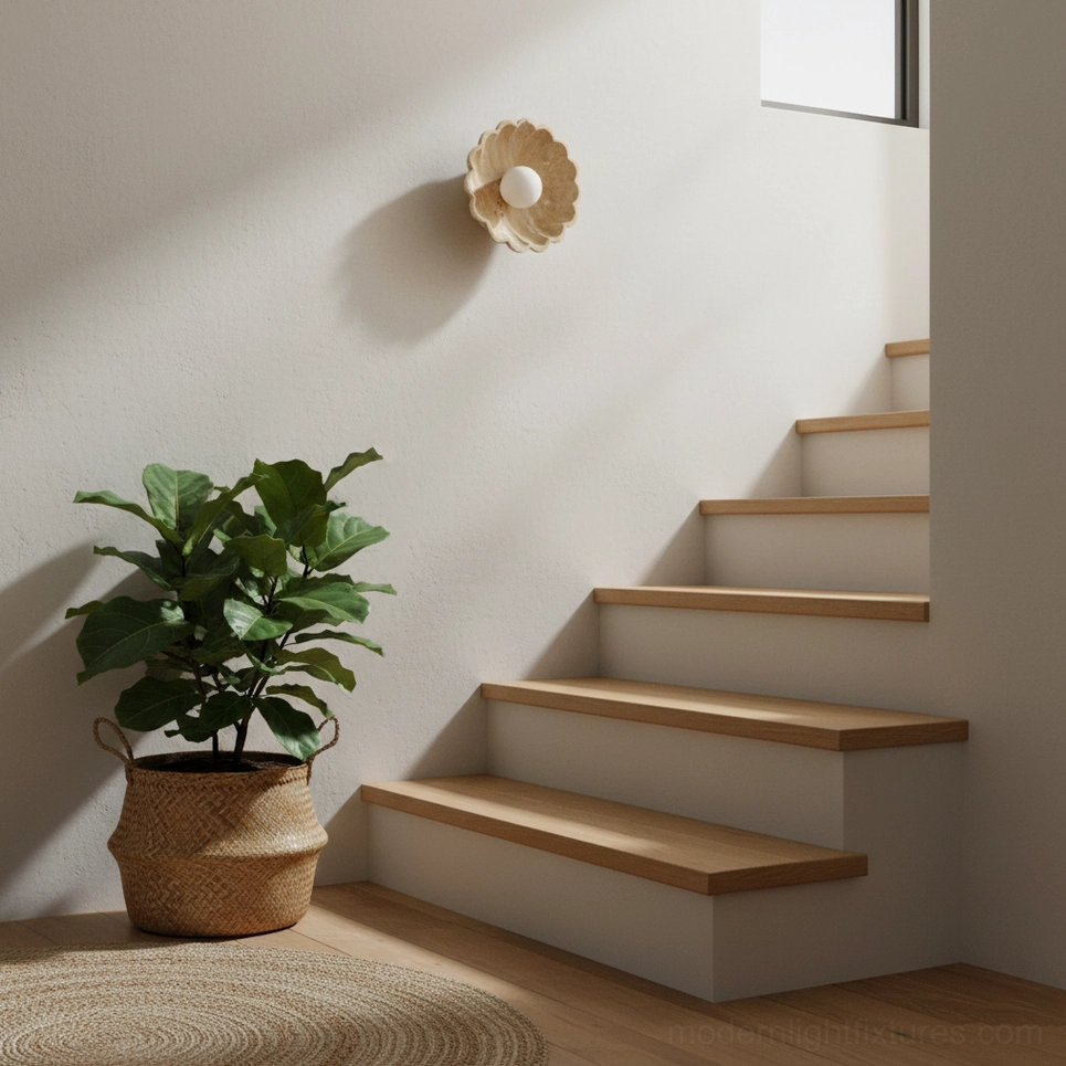 Scallop wall sconce illuminating residential stairwell with potted plants and warm neutral decor