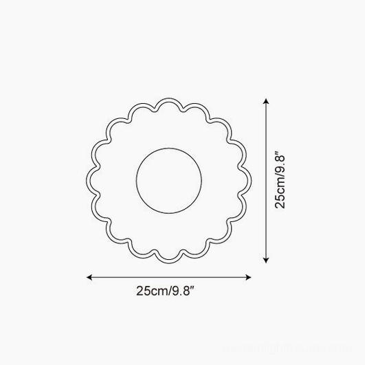 Technical schematic top-down diagram of scallop wall sconce with 25cm diameter specification