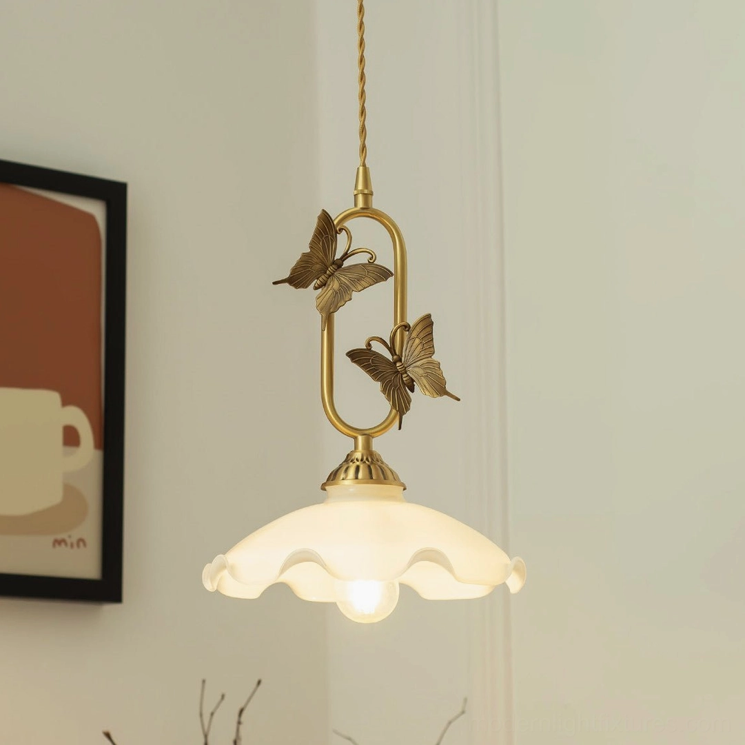 Medium scalloped bowl white jade butterfly pendant light, 22cm shade for kitchen island accent lighting