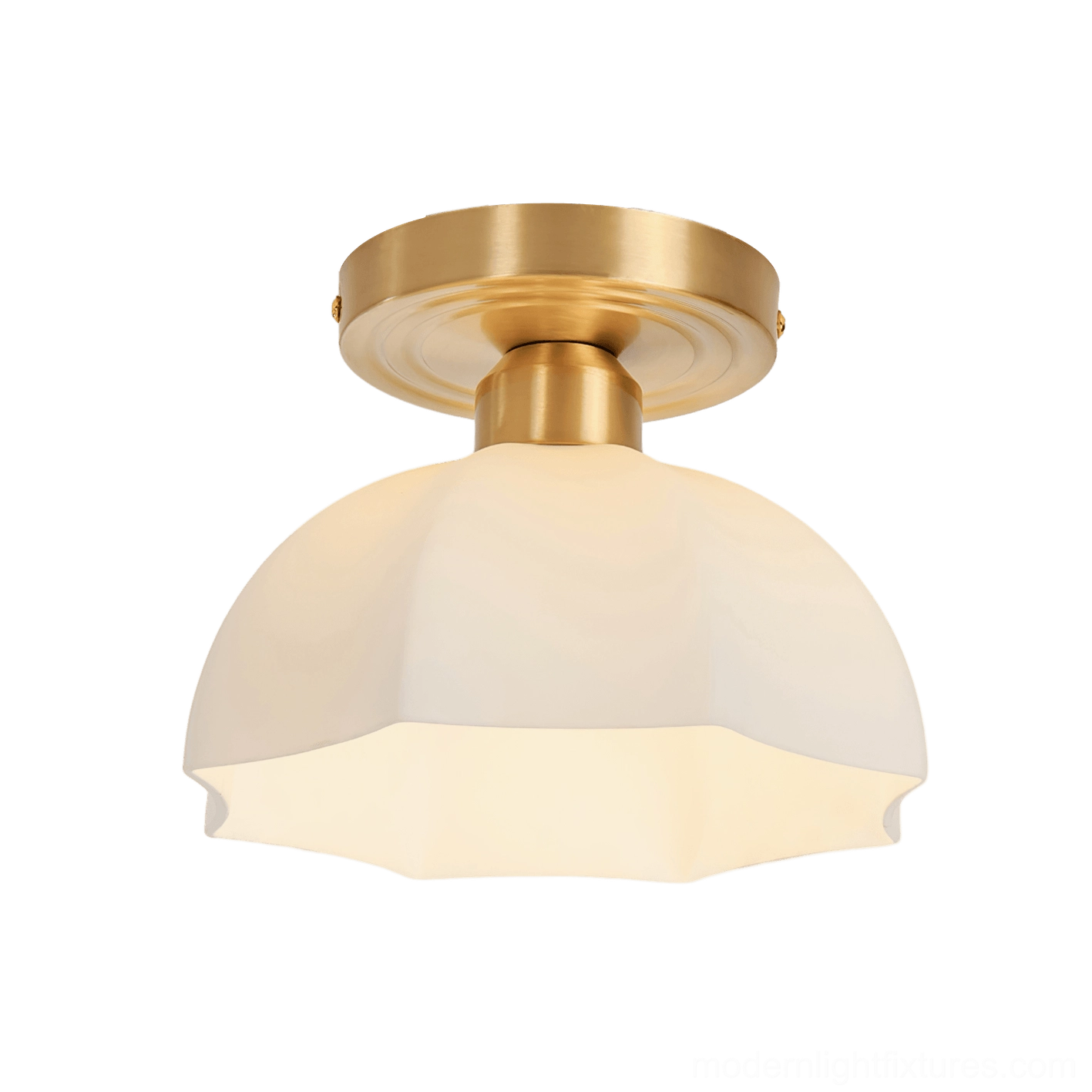 Scalloped brass semi-flush ceiling light with warm diffused light output showing functionality and style