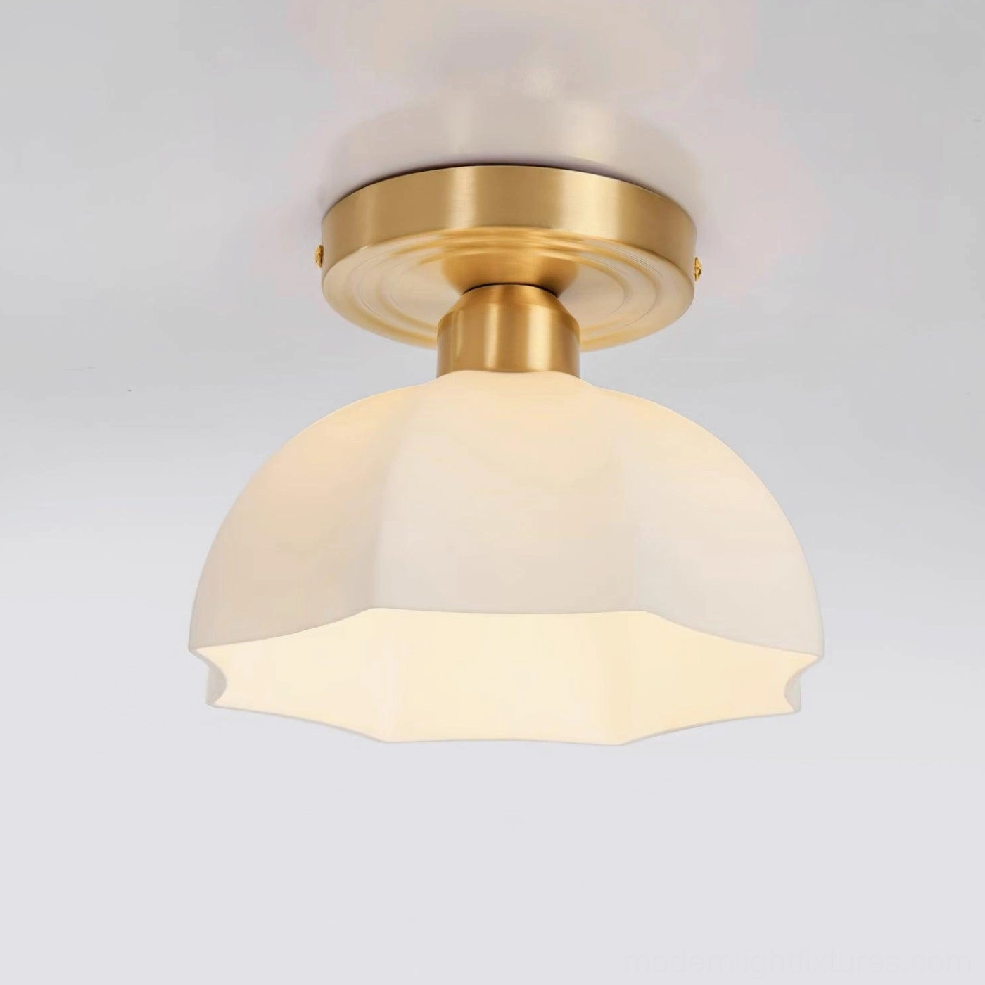 Scalloped brass semi-flush ceiling light in brass and white finish configuration