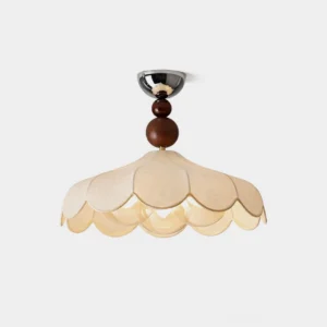 Scalloped vintage ceiling lamp with beige fabric shade and walnut wood accents on white background