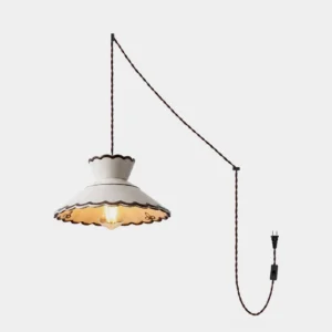 Scalloped ceramic plug-in pendant light with hand-painted floral accents and brown-glazed rim, front overhead view on white background