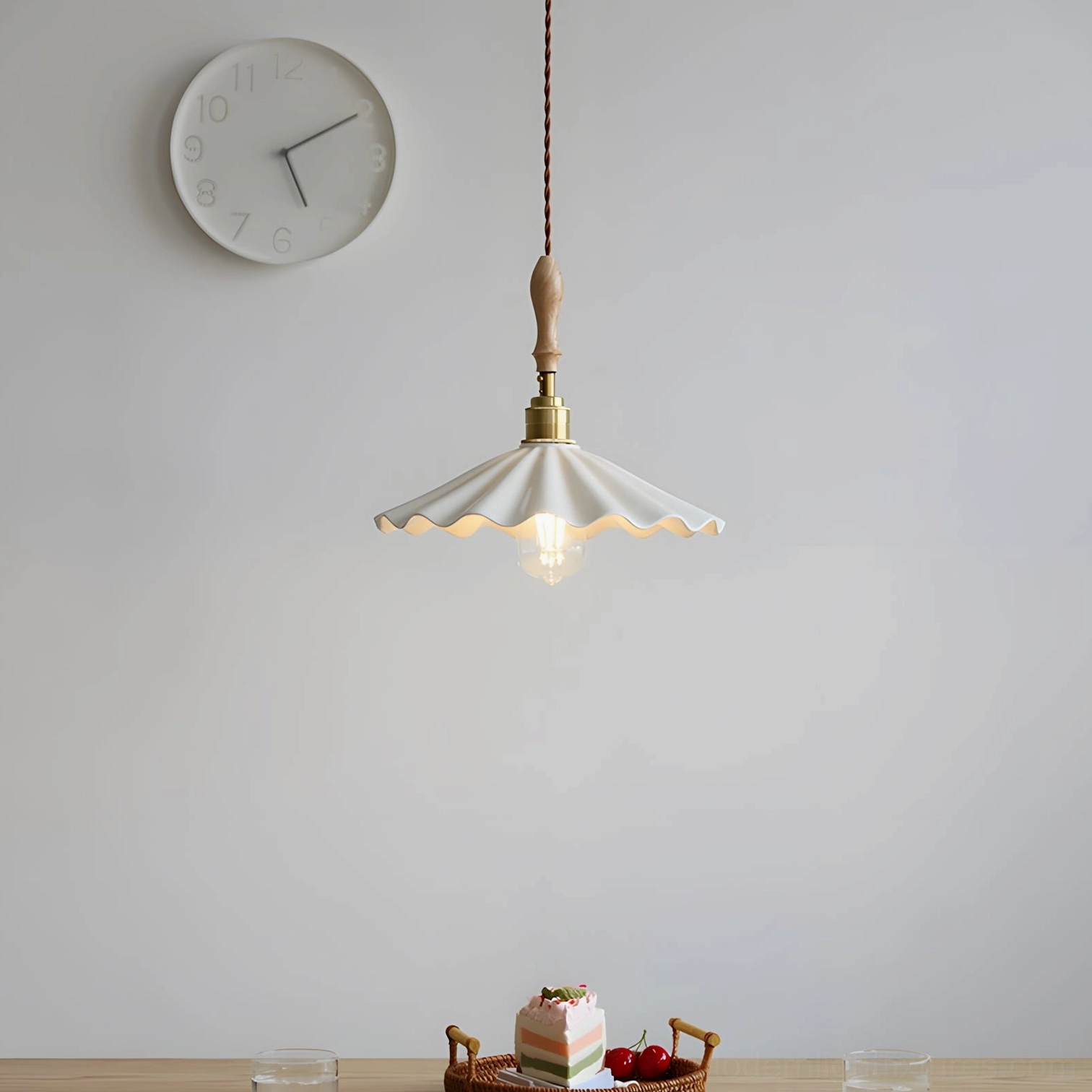 Scalloped ceramic pendant lamp showing size proportion and handcrafted sculptural form