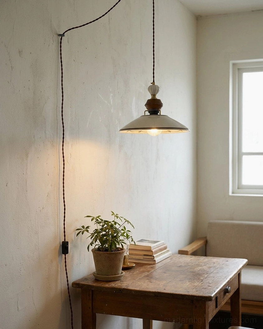 Scalloped ceramic pendant light in cozy reading nook with potted plant, stacked books, and wooden table decor
