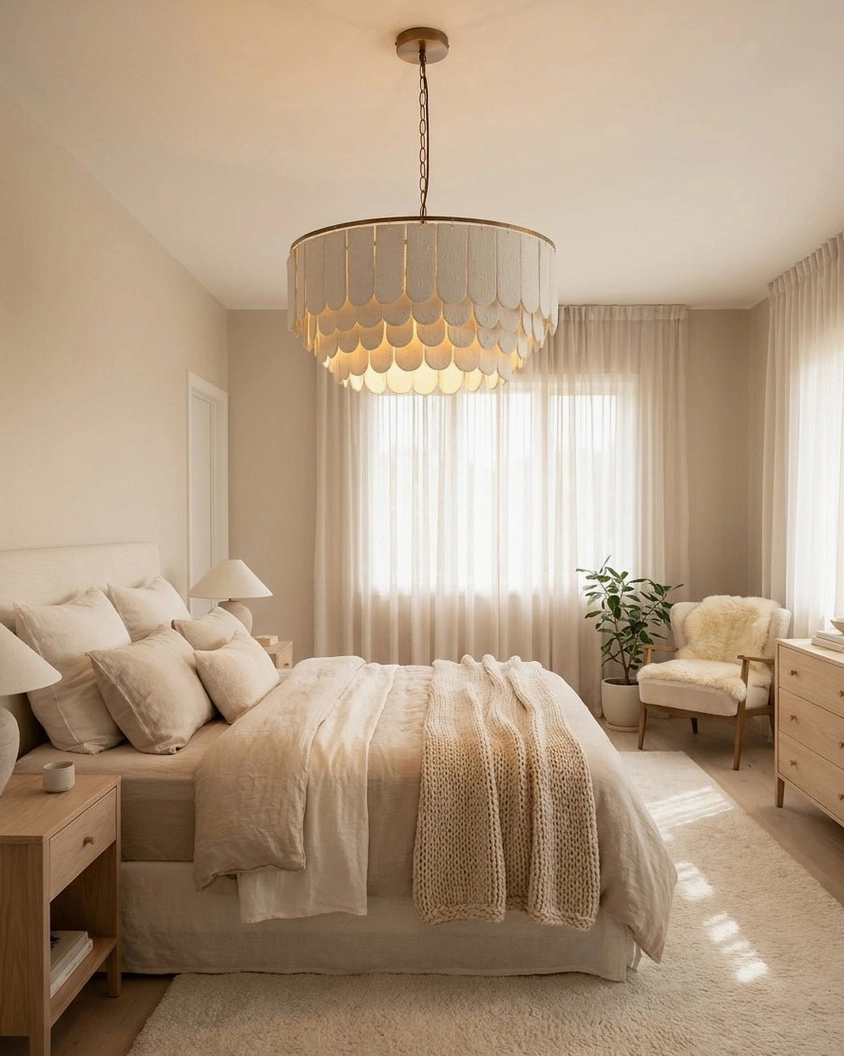 Wabi-sabi minimalist tiered chandelier hung in master bedroom with sheer curtains and warm neutral bedding