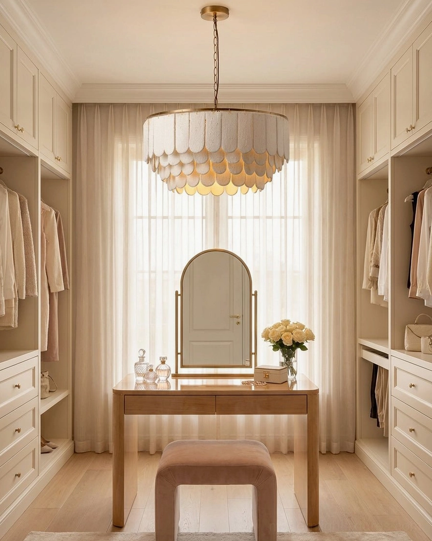 Luxury warm neutral scalloped pendant chandelier in walk-in closet dressing room with vanity desk and decorative lighting