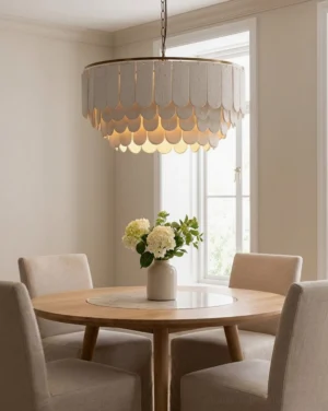 Tiered scalloped pendant chandelier hung above round wooden dining table with warm neutral farmhouse decor and floral centerpiece