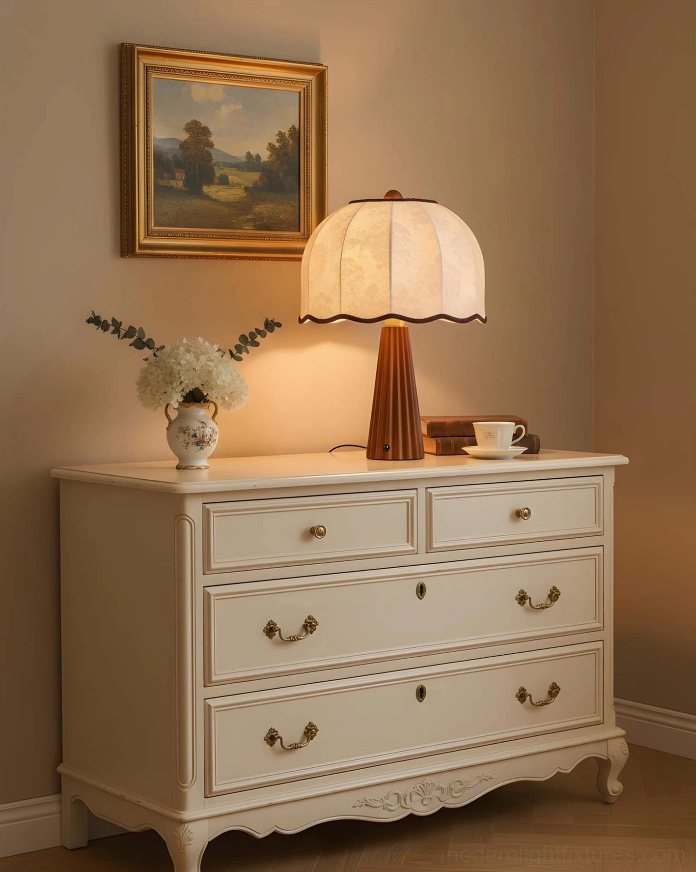 Scalloped edge fabric table lamp on French provincial dresser - cozy vintage home interior styling