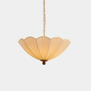 Scalloped fabric pendant lamp with pleated beige shade and gold hardware, front studio view showing intricate petal-like design details