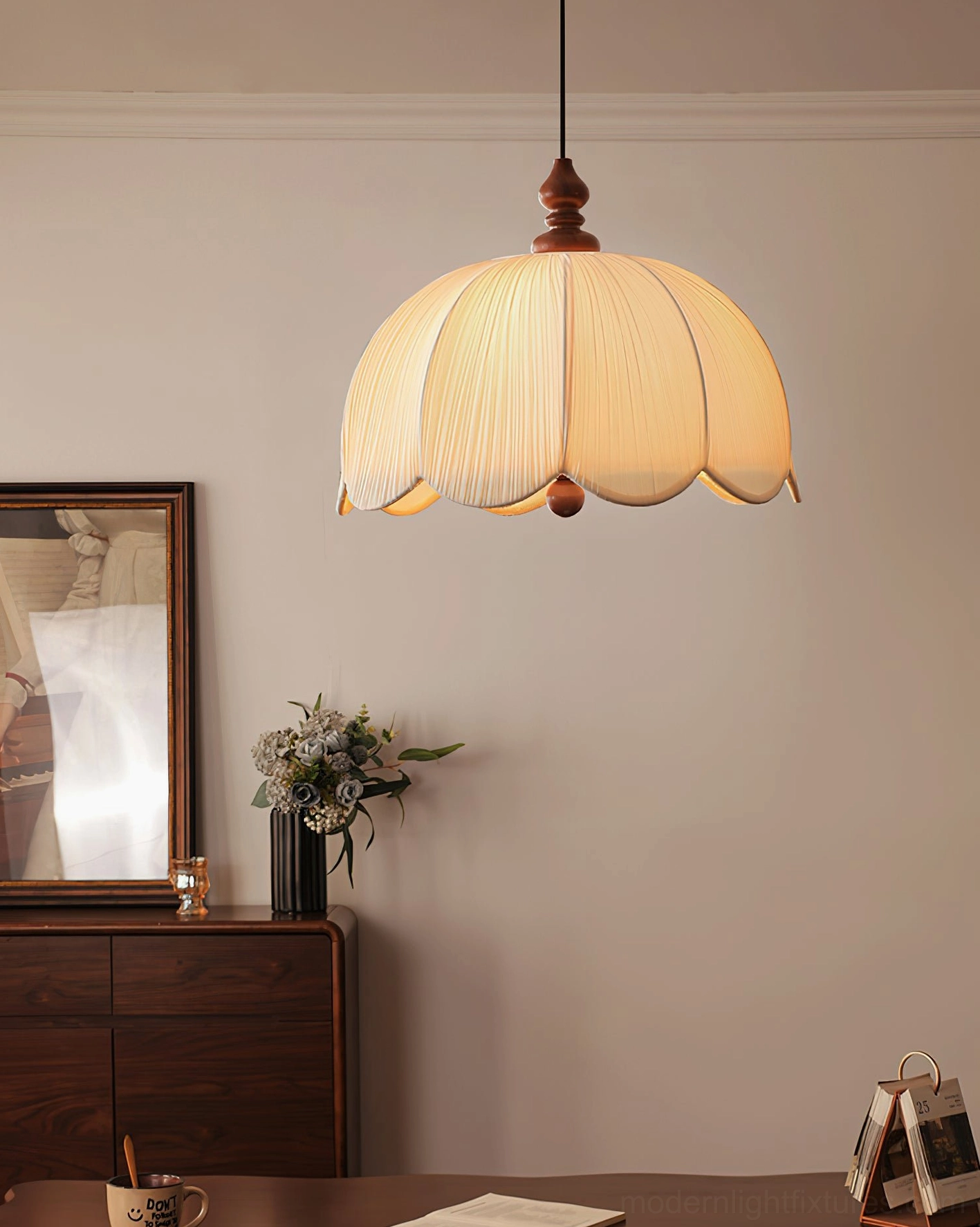 Scalloped fabric pendant lamp with soft ivory hue, creamy neutral tone, versatile interior design compatibility