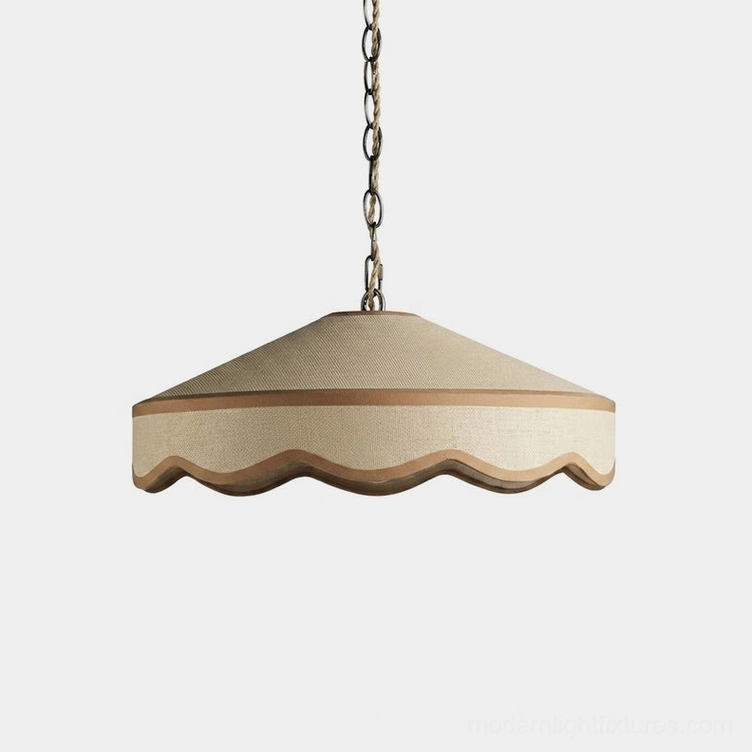 Mellune scalloped fabric pendant light with wavy hem and sheer lower band, cream coolie shade with brass-tone adjustable chain, studio front view