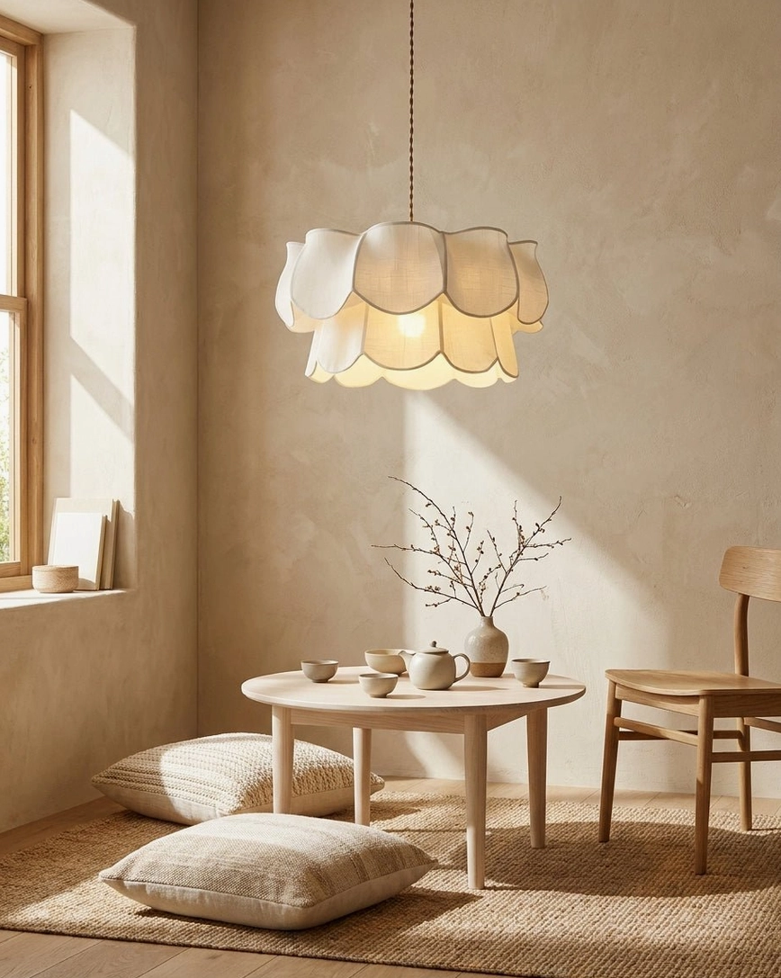 Scalloped fabric pendant light in minimalist tea lounge space, low angle view with low wooden table and floor cushions, warm ambient glow and neutral decor